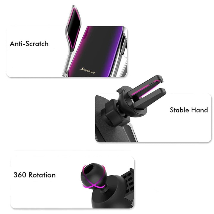 Moderner automatischer Handyhalter mit kabelloser Ladefunktion für komfortable Autofahrten.