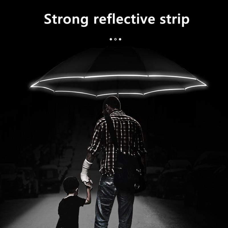 Winddichter LED Regenschirm mit Reflexstreifen für Sichtbarkeit bei Nacht; automatisch, umgekehrt faltbar.