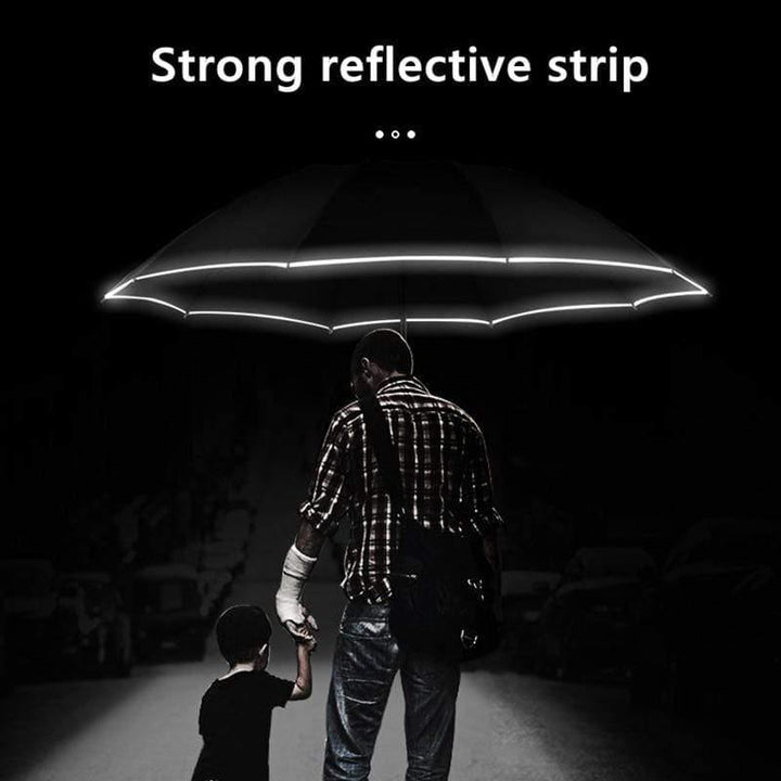 Winddichter LED Regenschirm mit Reflexstreifen für Sichtbarkeit bei Nacht; automatisch, umgekehrt faltbar.