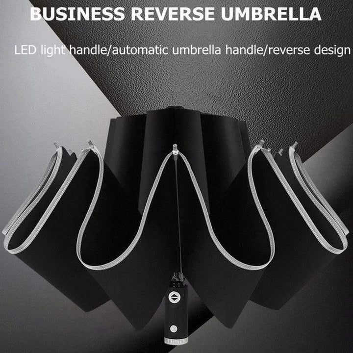 Umgekehrter Falt-Regenschirm mit LED-Licht und Reflektion; hält trocken, kompakt & sicher für Reise im Regen.