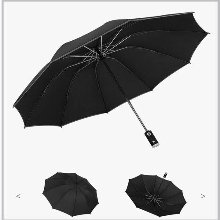 Sicherheits-Regenschirm mit LED-Nachtlicht und reflektierenden Streifen; automatisch, winddicht im Regen.