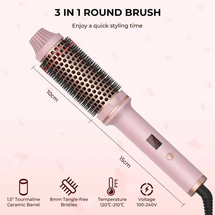 Damenhand hält automatischen Lockenstab, kreiert glänzende, definierte Locken. Schnelles Haarstyling.