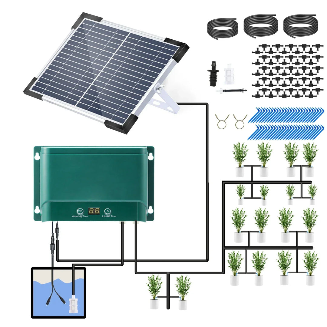Das AquaFlow Tropfbewässerungssystem mit flexiblen Schläuchen und Tropfern für präzise Bewässerung.