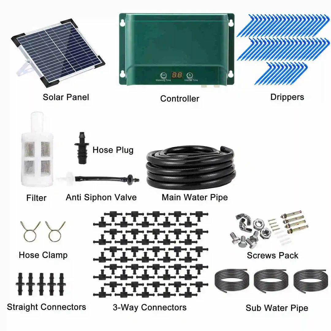 Nachhaltige Gartenbewässerung: AquaFlow Solar-Tropfsystem mit 30 Programmen für jeden Bedarf.