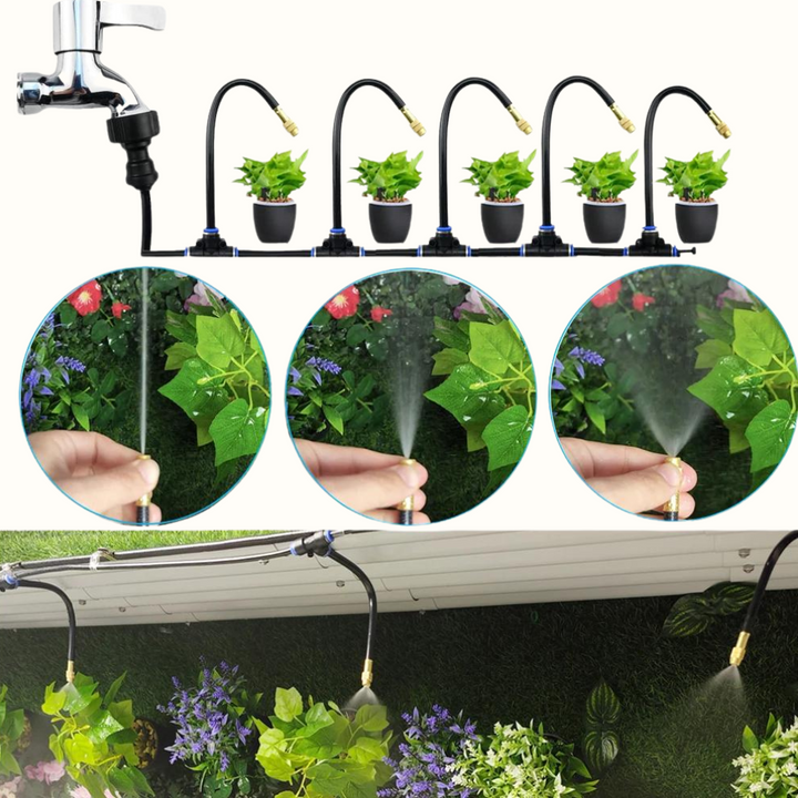 Automatisches Bewässerungssystem für mühelose Gartenpflege; bewässert Rasen, Blumenbeete & Gemüsegarten effizient.