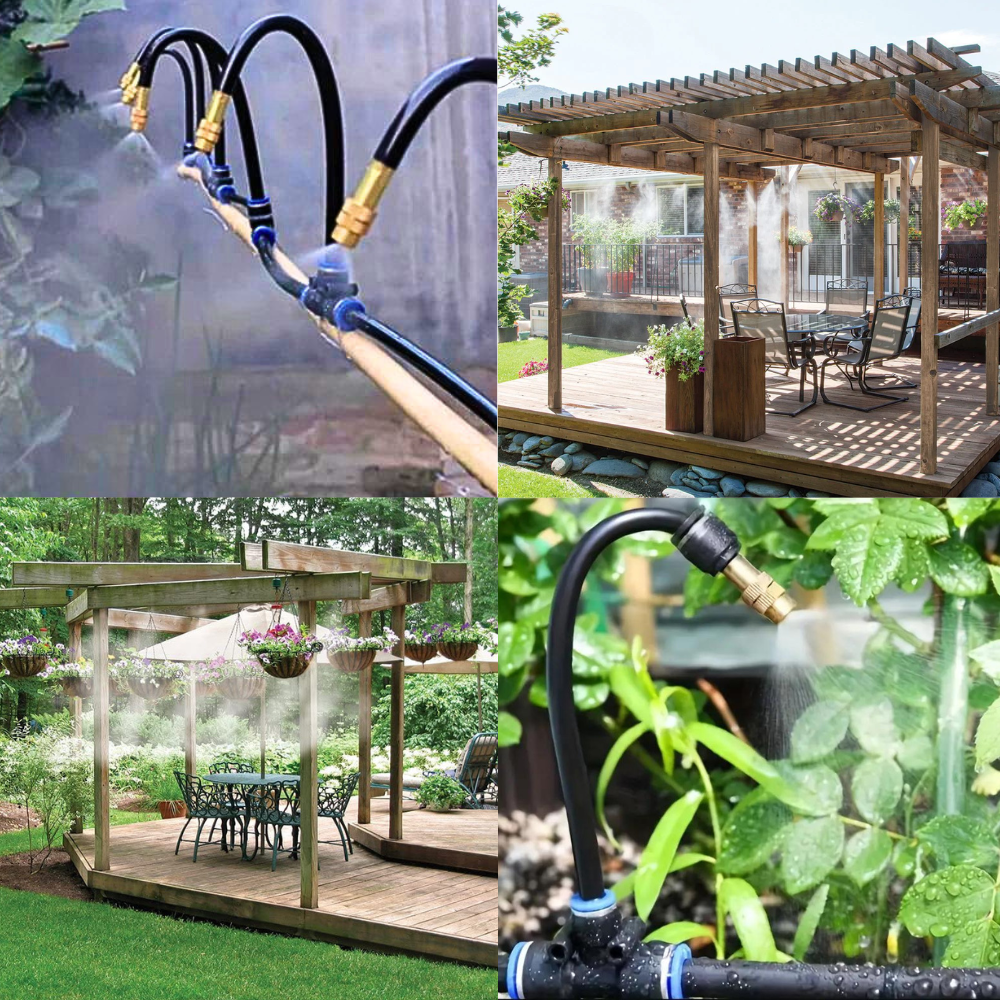 Einfach zu installierendes automatisches Bewässerungssystem mit Schläuchen, Sprinklern und Steuergerät für den Garten.