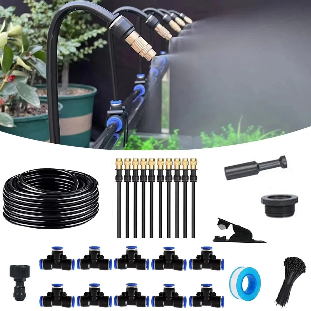 Automatisches Garten-Bewässerungssystem: DIY Nebel-Set mit 360° Sprühdüsen für effiziente Pflanzenpflege im Garten.