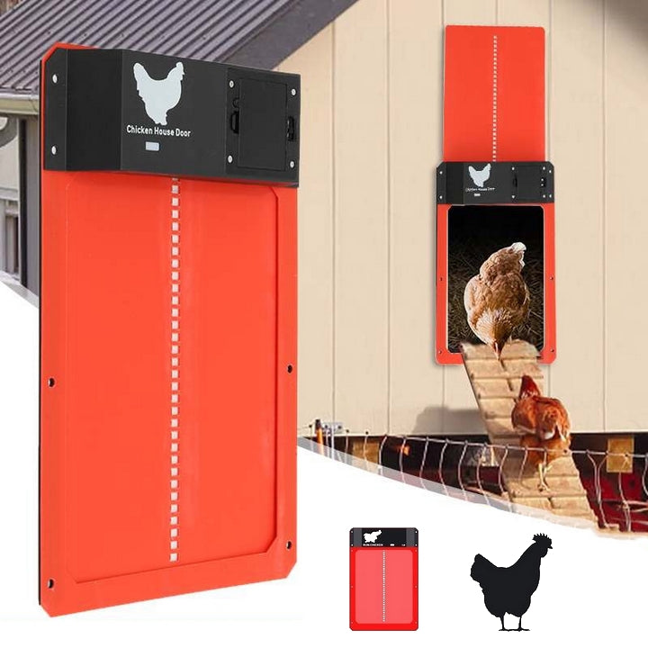 Automatisches Hühnerstall-Türsystem SafeCoop, wetterfest, mit Lichtsensor für sichere Hühnerhaltung.