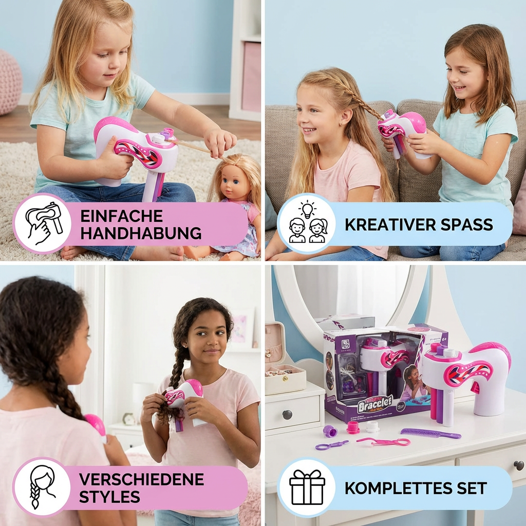 Automatisches Haarflechtgerät für Kinder, Nahaufnahme mit bunten Accessoires, sicher & einfach für DIY-Frisuren.