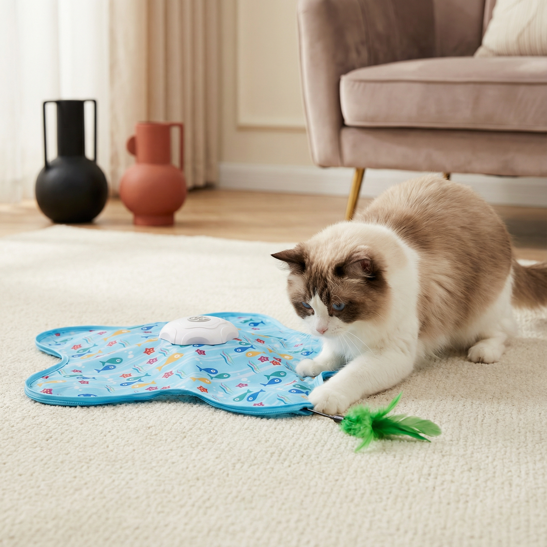 Automatisches interaktives Katzenspielzeug für Stubentiger fördert Bewegung und Jagdtrieb mit Spielangel.