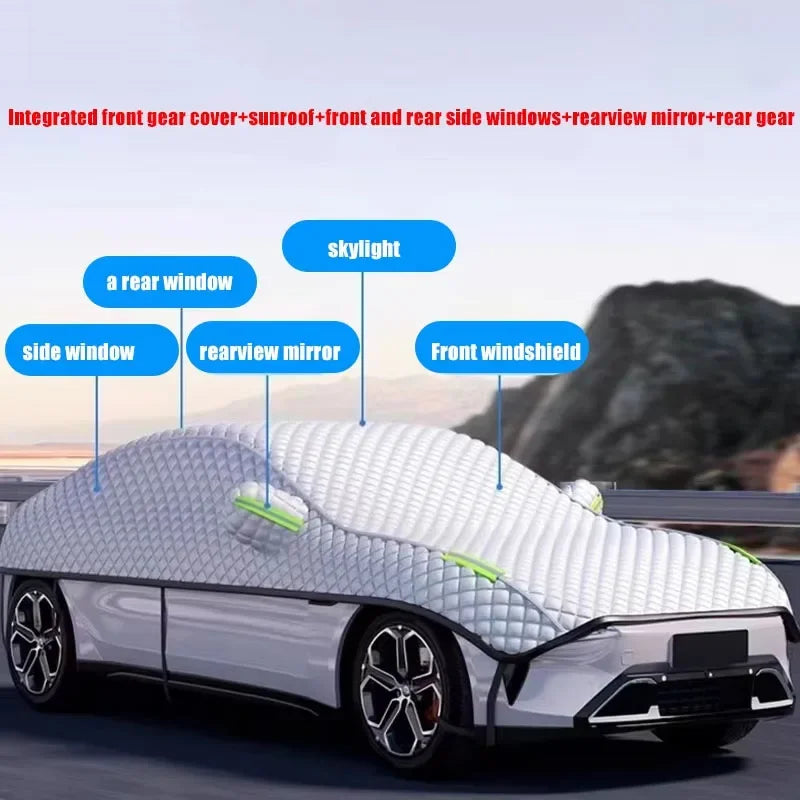 Graue AutoProtect Ganzjahresabdeckung bietet UV-, Schnee- und Hagelschutz für PKW.