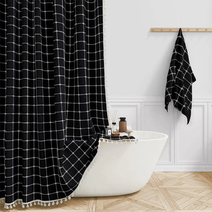 Hochwertiger Leinen-Duschvorhang mit Boho-Muster und Quasten, wasserdicht, verwandelt jedes Badezimmer.