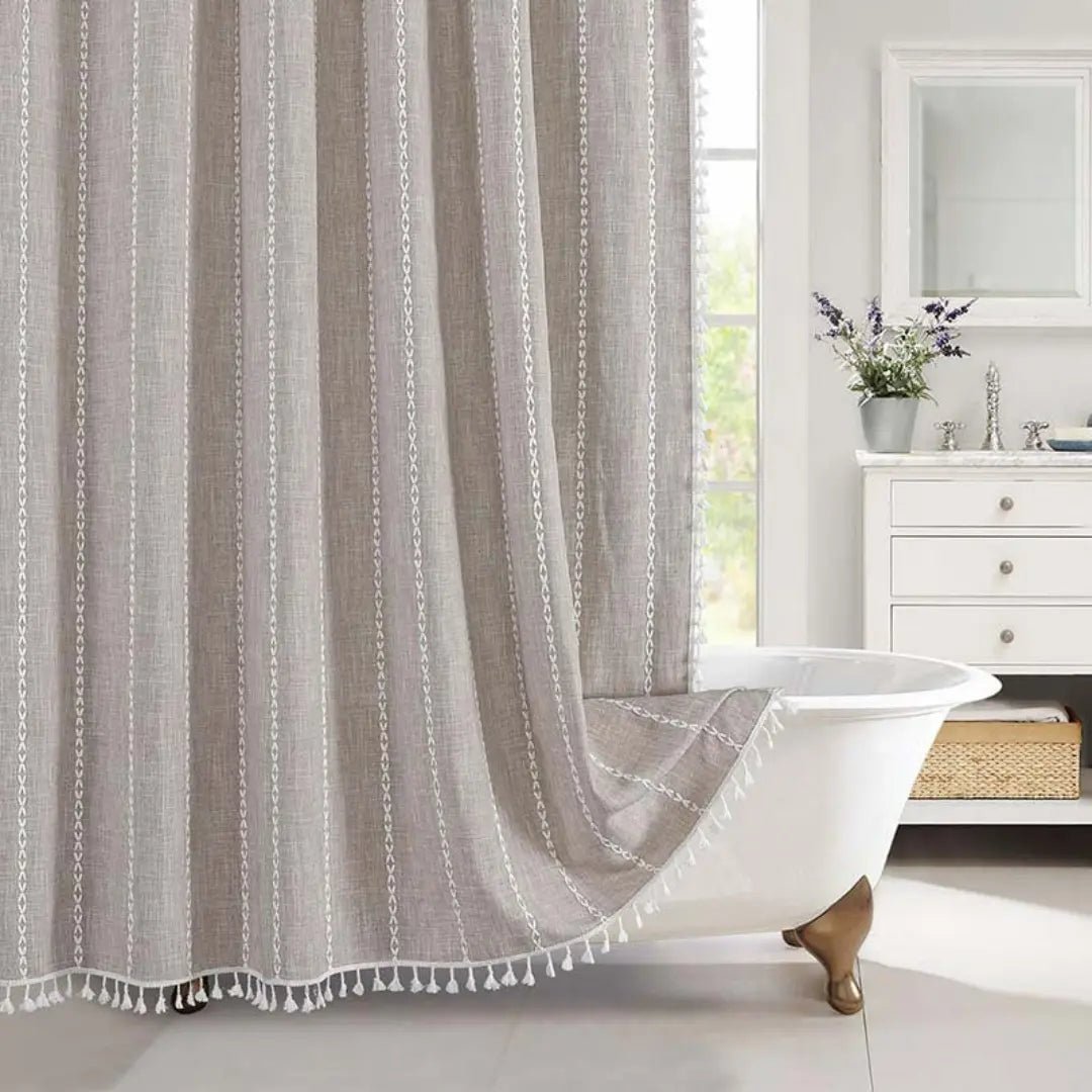 Eleganter, wasserdichter Leinen-Duschvorhang mit Quasten, im Böhmischen und Bauernhausstil für Ihr Badezimmer.