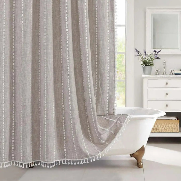 Eleganter, wasserdichter Leinen-Duschvorhang mit Quasten, im Böhmischen und Bauernhausstil für Ihr Badezimmer.