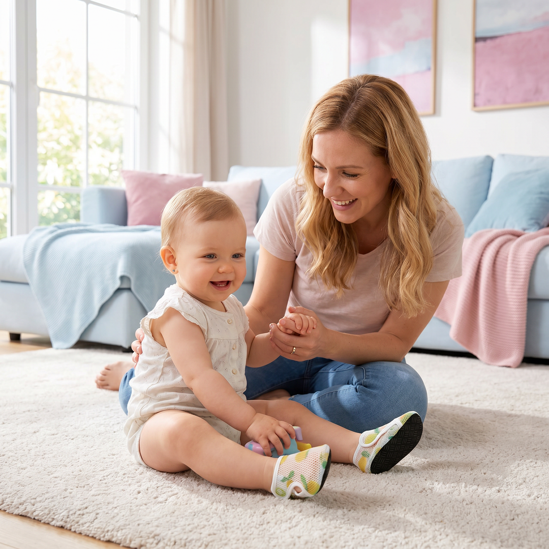 Baby Barfußschuhe für den Sommer, mit fröhlichem Frucht-Design. Perfekt für kleine Füße.