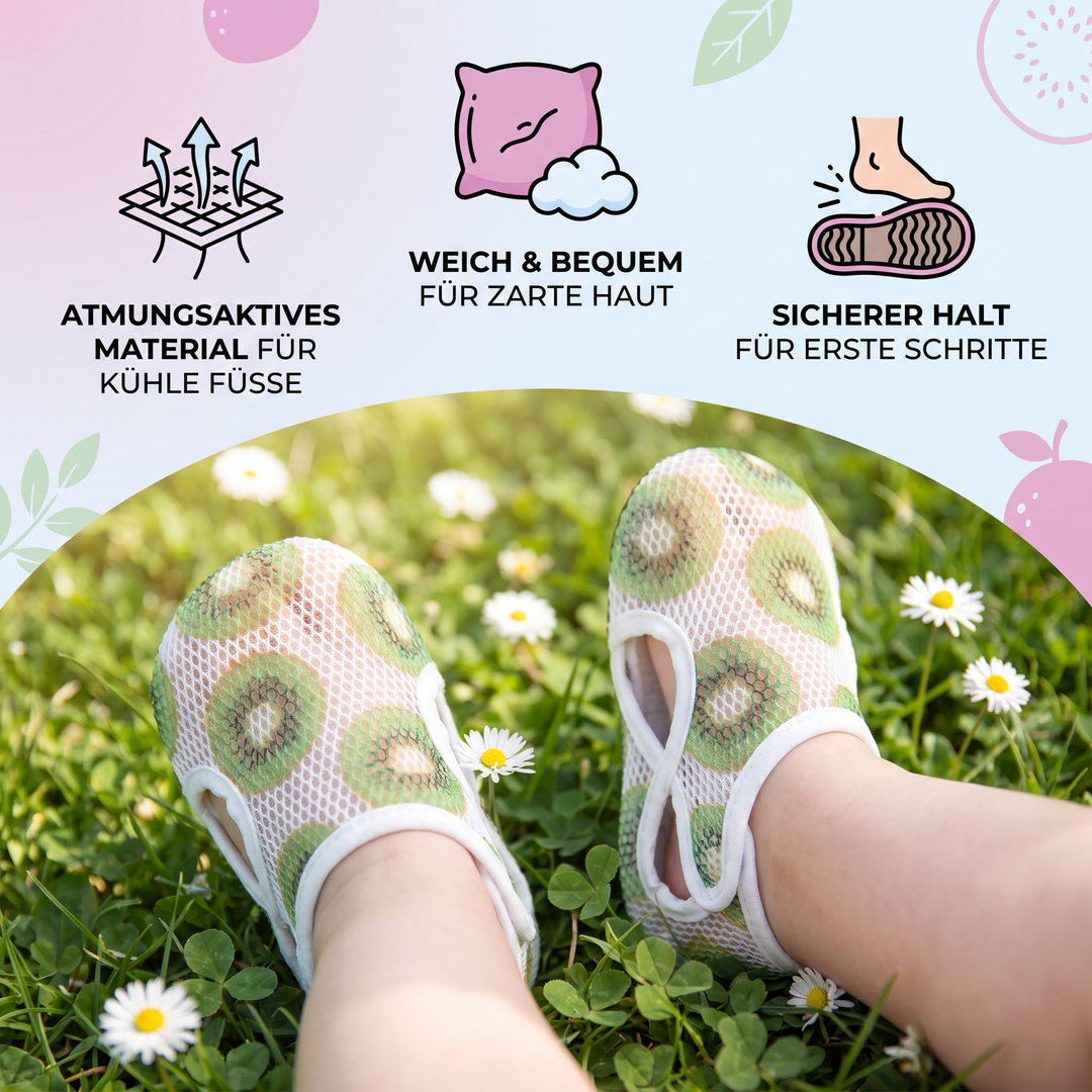 Rutschfeste Baby Sommerschuhe mit flexibler Sohle und süßem Fruchtmotiv. Ideal für Kleinkinder.