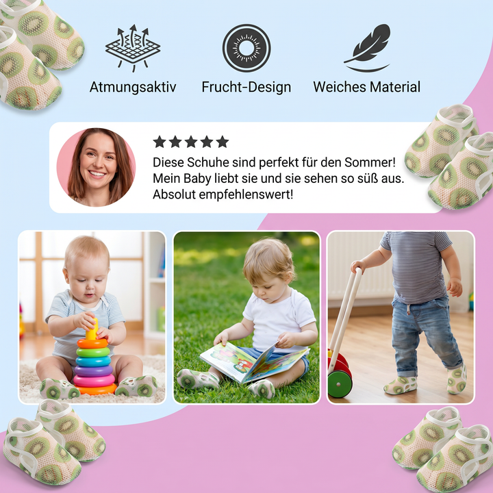 Bequeme Krabbelschuhe für Babys, mit Frucht-Design. Unterstützen erste Schritte im Sommer.