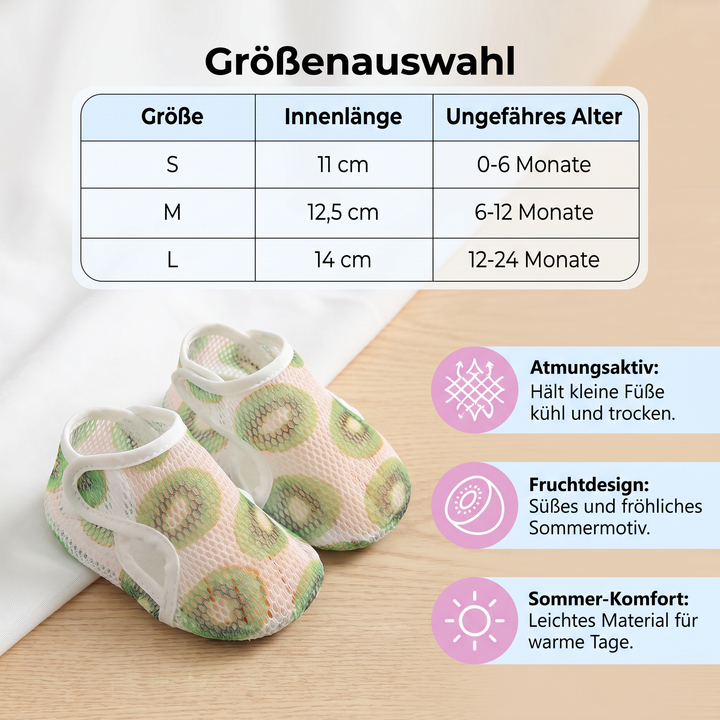 Leichte Sommerschuhe im Barfuß-Stil für Babys, mit farbenfrohem Frucht-Design. Ideal für drinnen & draußen.
