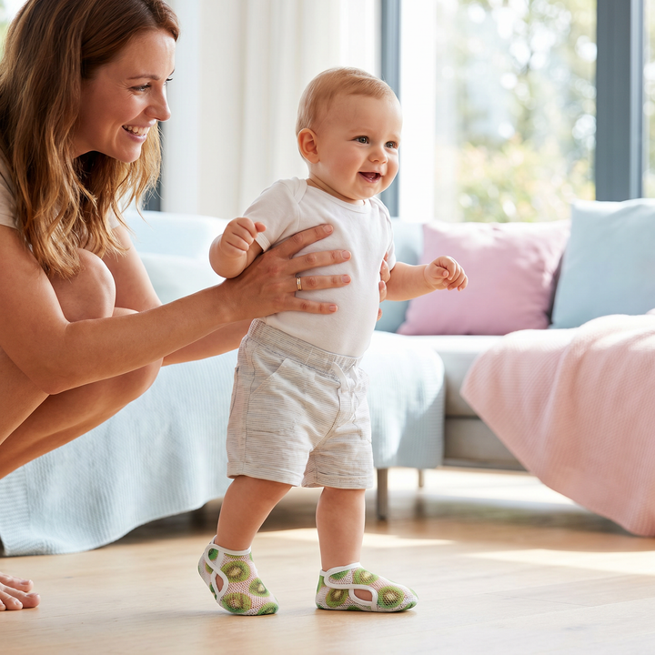 Flexible Barfußschuhe mit rutschfester Sohle und lebhaftem Fruchtmotiv. Ideal für aktive Kleinkinderfüße.