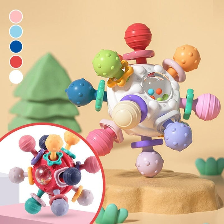 Baby Beißring & Rassel aus Silikon für sanftes Zahnen. Ideales Montessori-Babyspielzeug für Neugeborene.