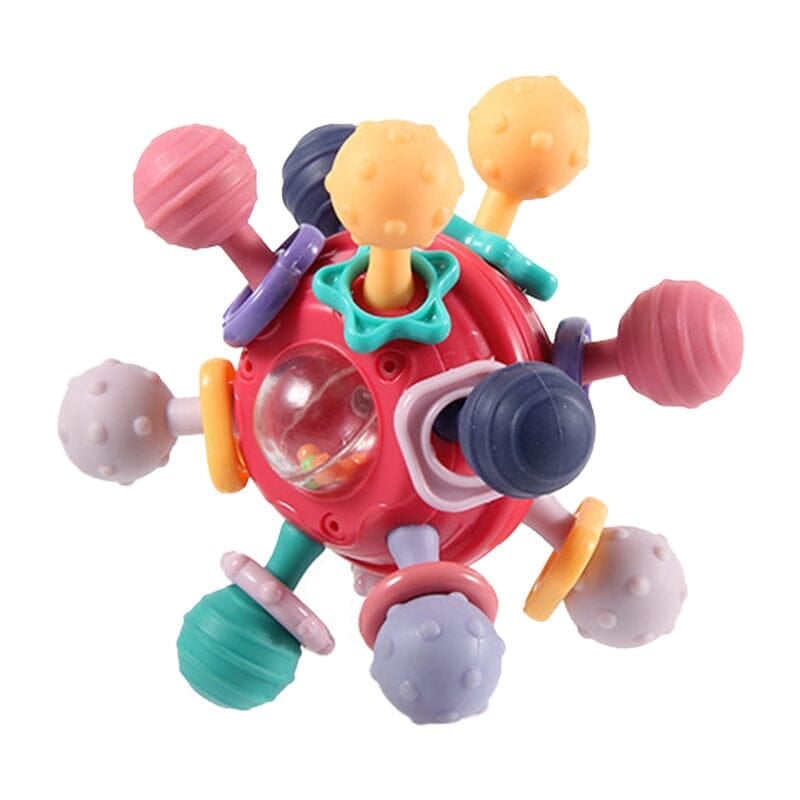 Praktischer Beißring & Rassel aus leichtem Kunststoff und weichem Silikon. Ideales Babyspielzeug für unterwegs.