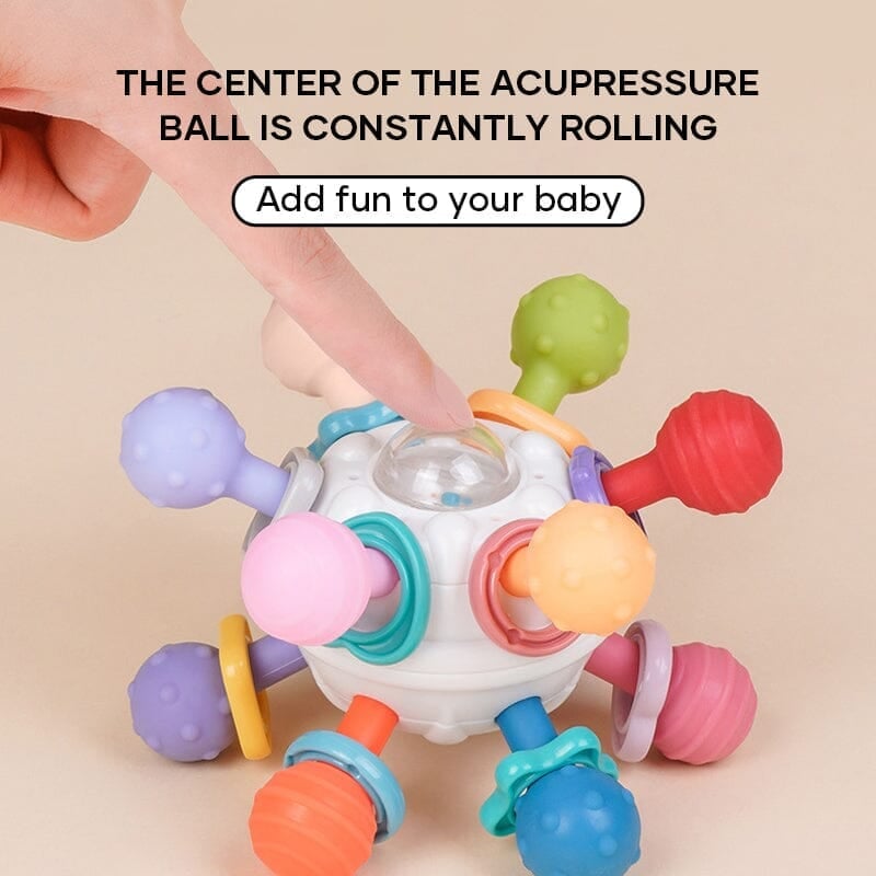 Ergonomischer Baby Beißring & Rassel zur Zahnfleischmassage. Sicheres Babyspielzeug aus Silikon & Kunststoff.