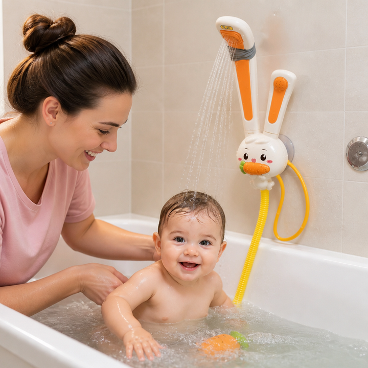 Baby Duschspielzeug Hase & Karotten-Duschkopf, ideal für sensorisches Spiel im Kinderbad. Lernspielzeug fürs Baby.