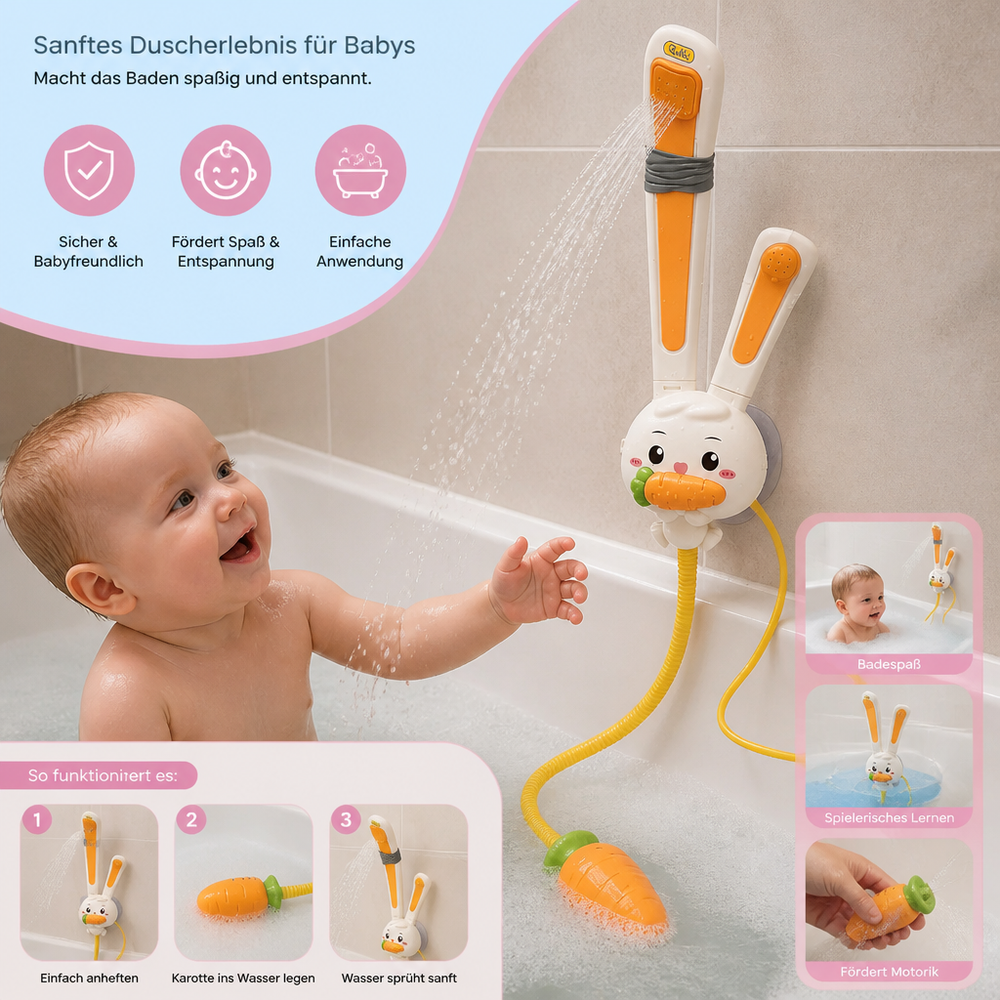 Sensorisches Lernspielzeug: Baby Duschspielzeug mit niedlichem Hasen und Karotten-Duschkopf. Für Spaß im Kinderbad.