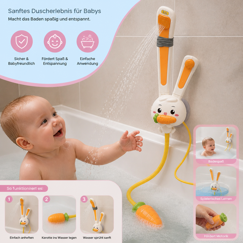 Sensorisches Lernspielzeug: Baby Duschspielzeug mit niedlichem Hasen und Karotten-Duschkopf. Für Spaß im Kinderbad.