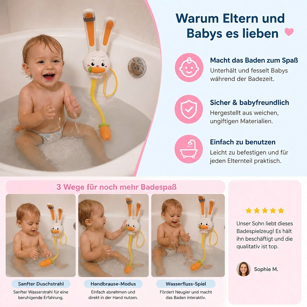 Lustiges Badespielzeug Hase und Karotte für Kleinkinder. Dieses Duschspielzeug sorgt für spielerischen Badespaß.