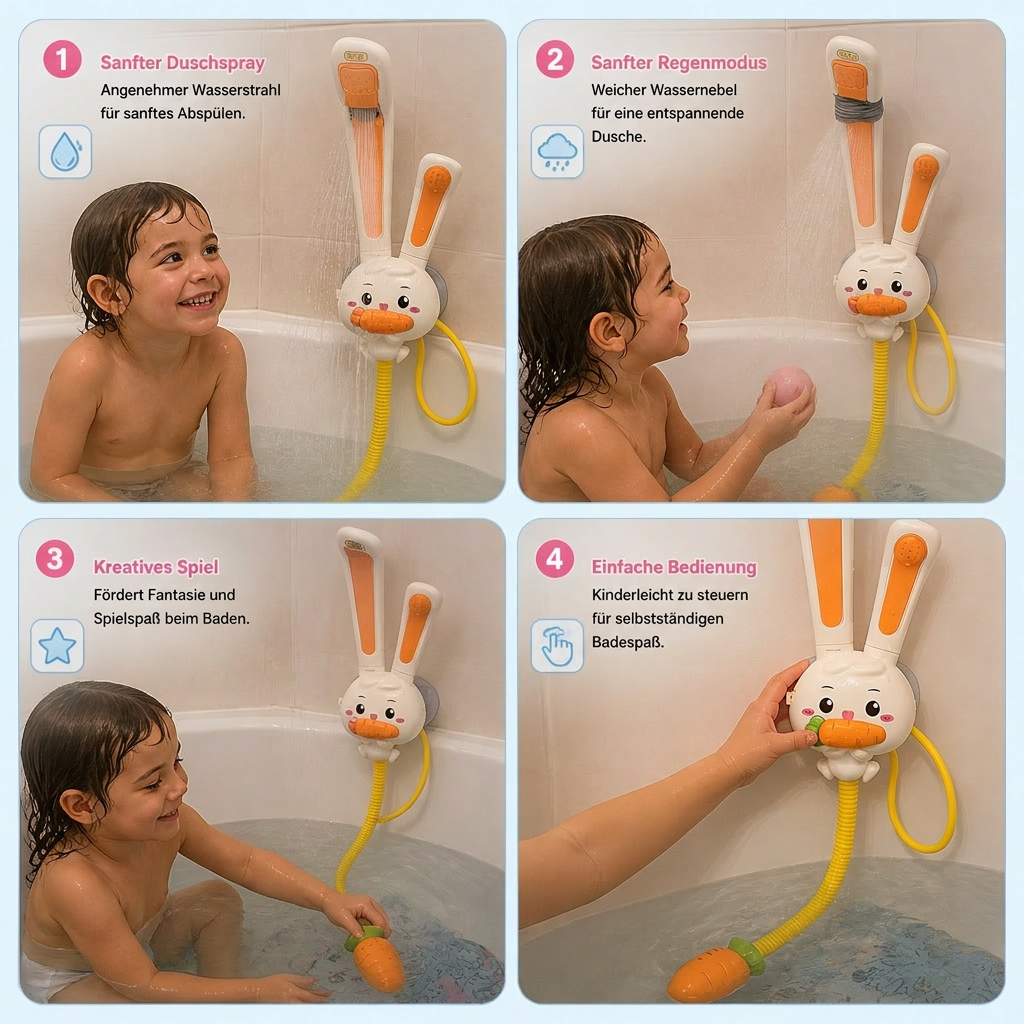 Süßes Baby Duschspielzeug mit Hasenfigur und Karotten-Brause. Fördert spielend die Entwicklung im Bad.