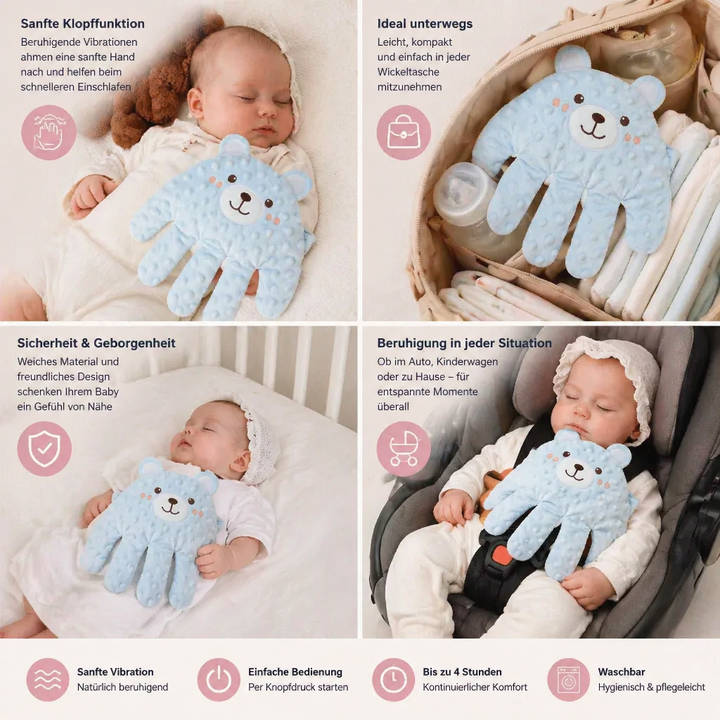 Weiche Baby Einschlafhilfe mit Klopffunktion, die Neugeborenen und Kleinkindern Geborgenheit schenkt.