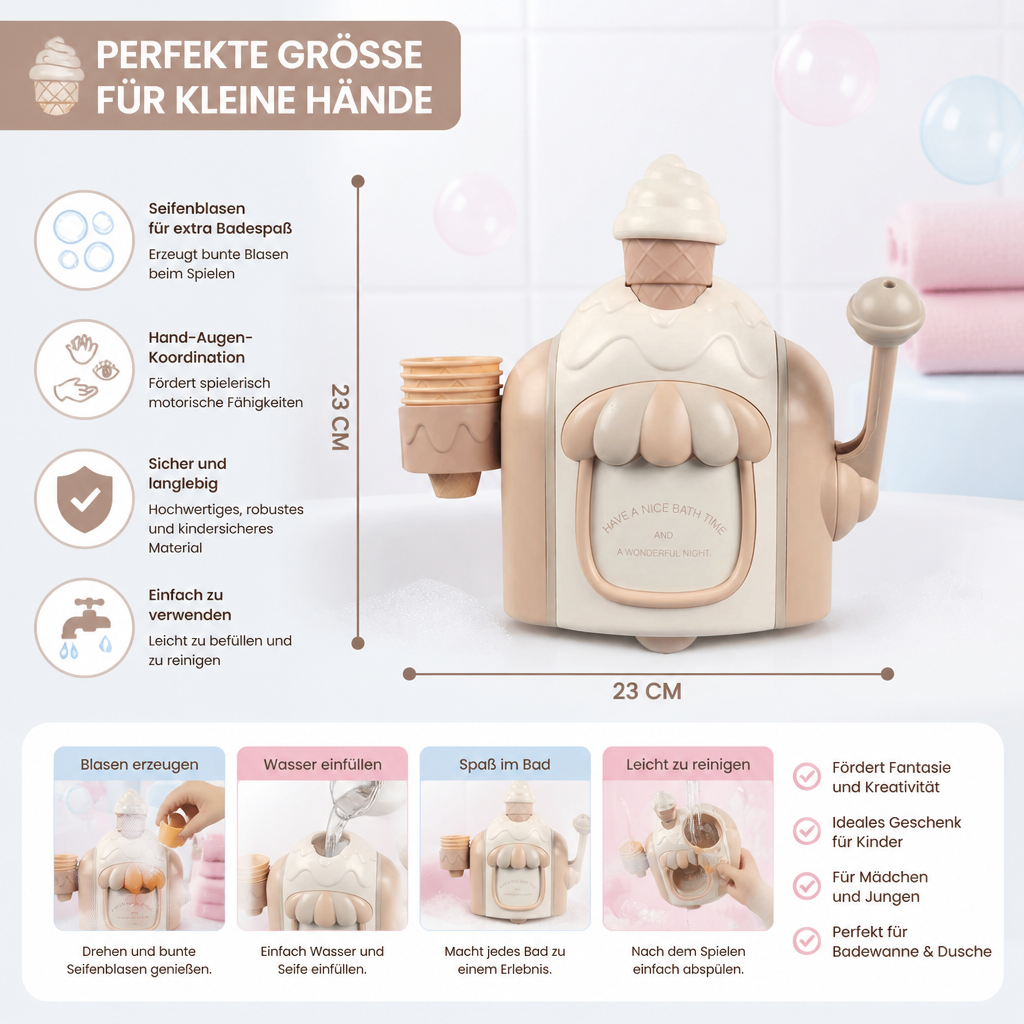 Kreatives Badespielzeug: Eis Maschine Seifenblasenmaschine für Babys, fördert die Entwicklung beim lustigen Baden.
