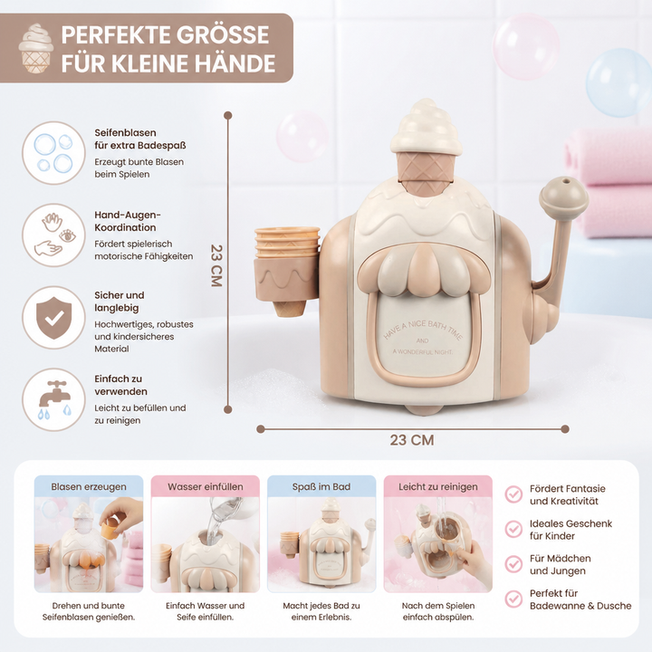 Kreatives Badespielzeug: Eis Maschine Seifenblasenmaschine für Babys, fördert die Entwicklung beim lustigen Baden.