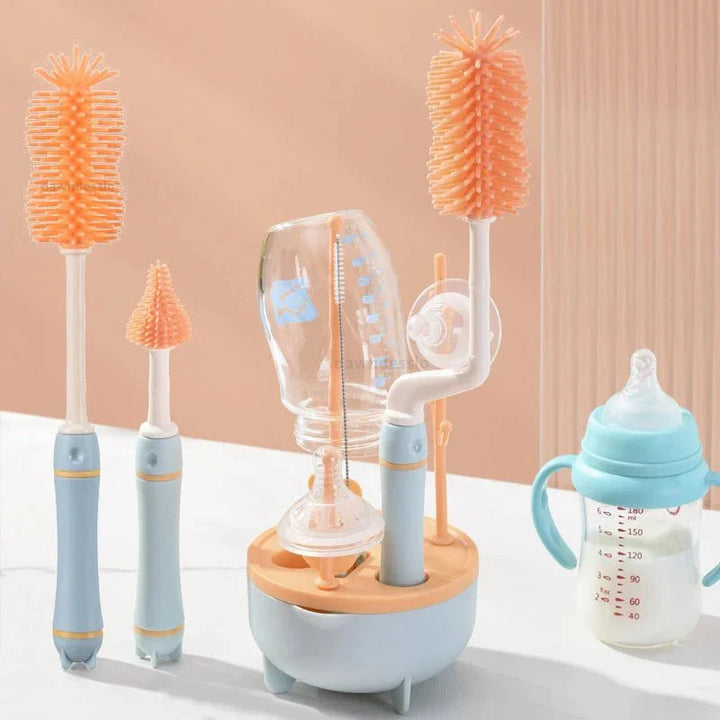 Baby Flaschenreinigungsset mit Bürsten & Trockenständer für hygienische Babypflege.
