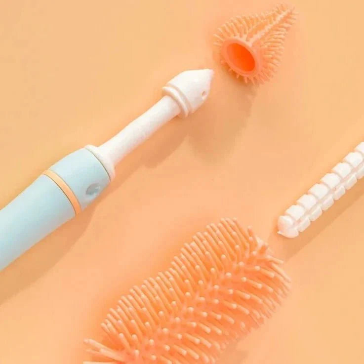 Babyflaschen Reinigungsset mit ergonomischen Bürsten und platzsparendem Trockenständer für die Küche.