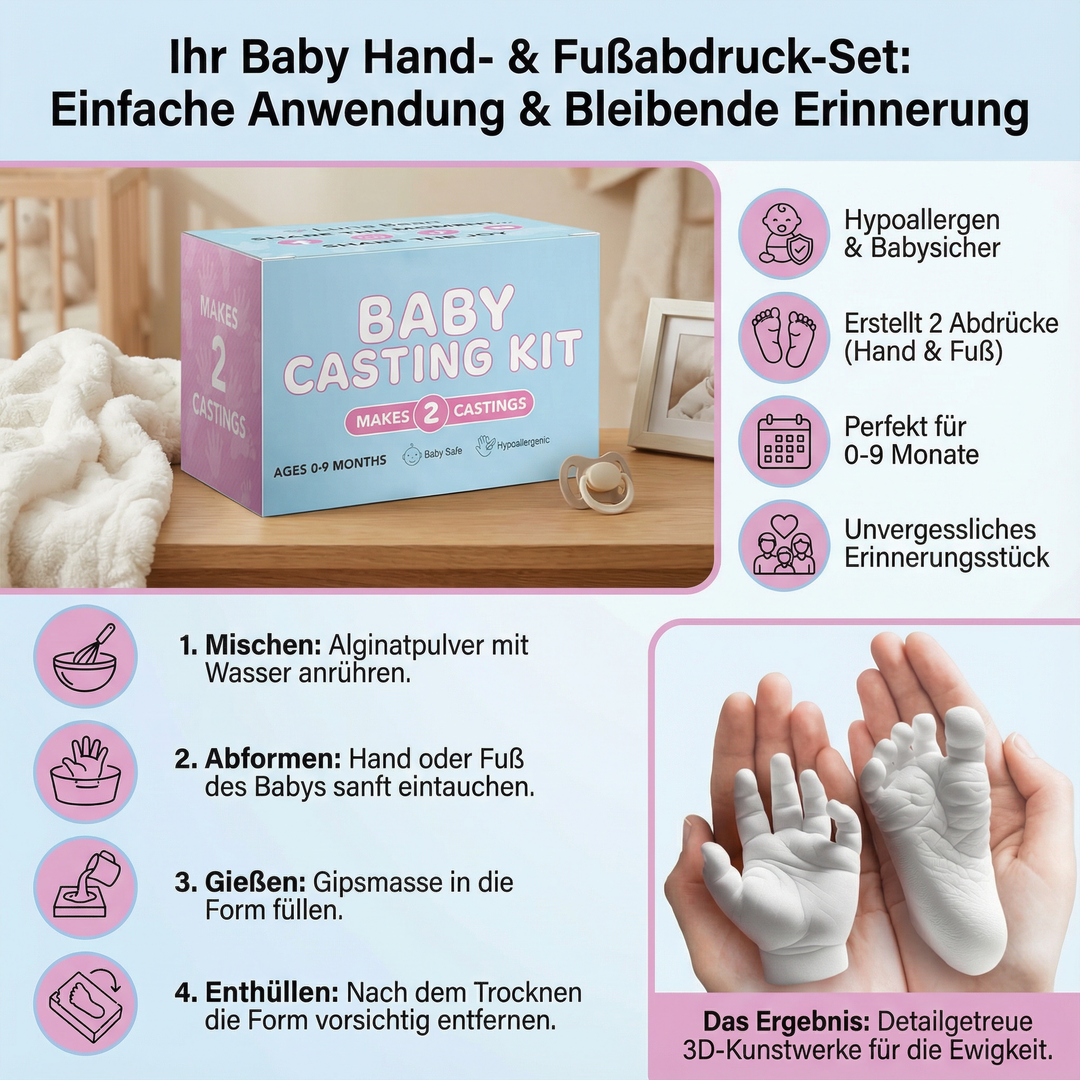 Gerahmter Baby Hand- & Fußabdruck als dauerhaftes Andenken. Einfaches Erinnerungsset für Eltern.