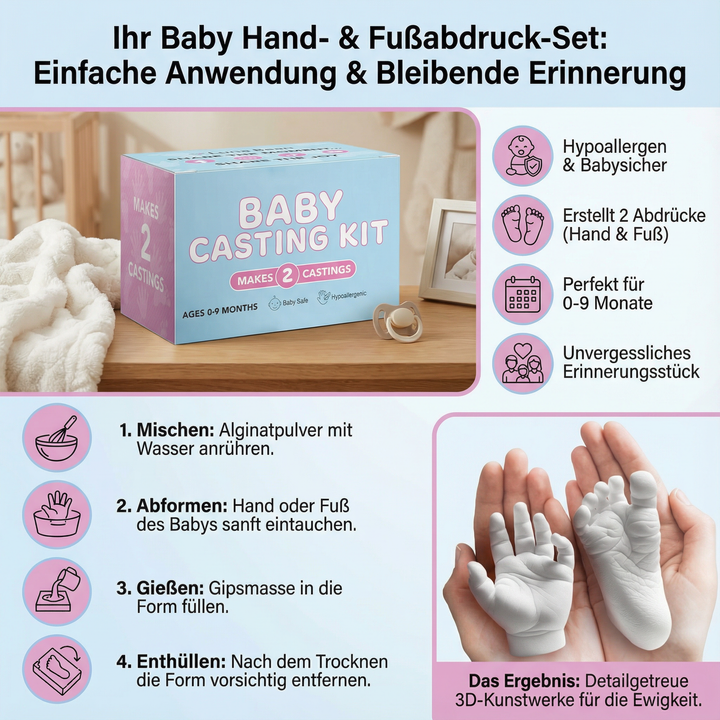 Gerahmter Baby Hand- & Fußabdruck als dauerhaftes Andenken. Einfaches Erinnerungsset für Eltern.