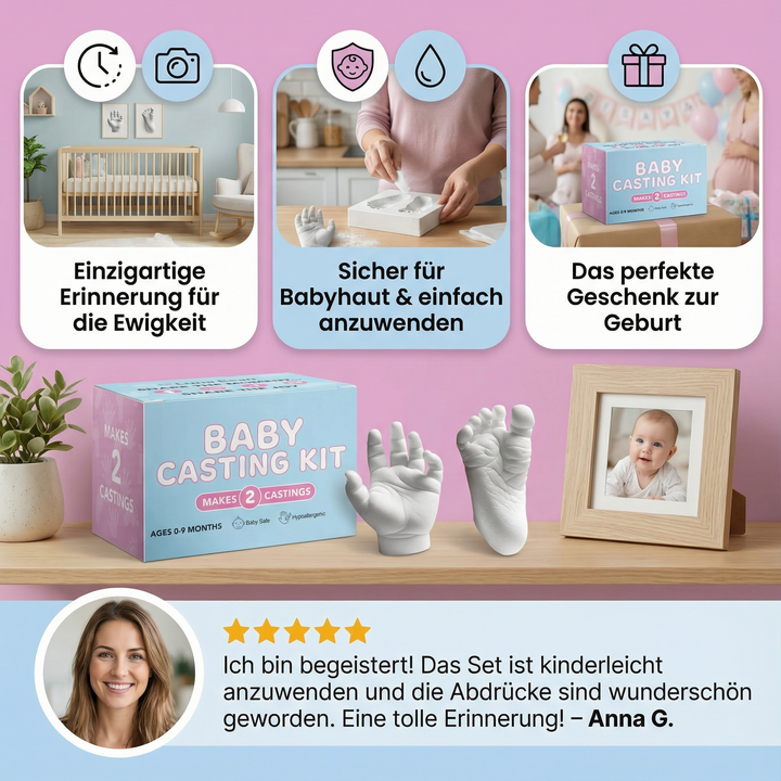 Komplettes Babyabdruckset mit Modelliermasse, Rahmen und Anleitung. Kreativset für Fuß- & Handabdrücke.