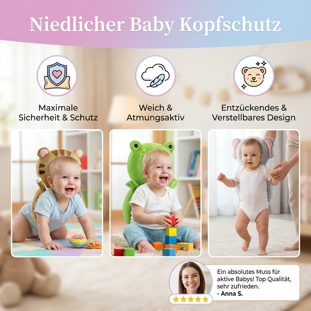 Weicher Baby Kopfschutz aus Plüsch, bequem & sicher. Stoßschutz für kleine Entdecker.