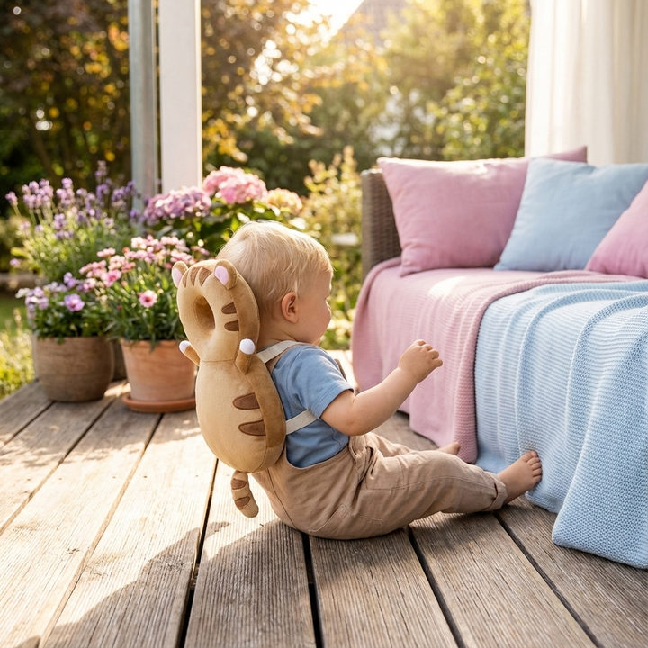Schützt Babys Kopf beim Laufenlernen. Plüsch Kopfschutz für sichere Erkundung & Babysicherheit.