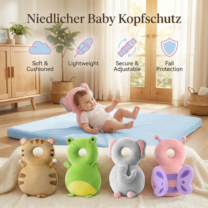 Niedlicher Baby Kopfschutz als Lauflernhilfe, bietet Stoßschutz & Komfort für Entdecker.