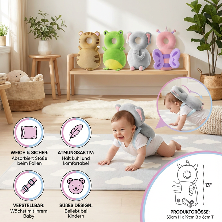 Baby Kopfschutz als Krabbelhilfe, weicher Plüsch Schutz vor Stößen für kleine Entdecker.
