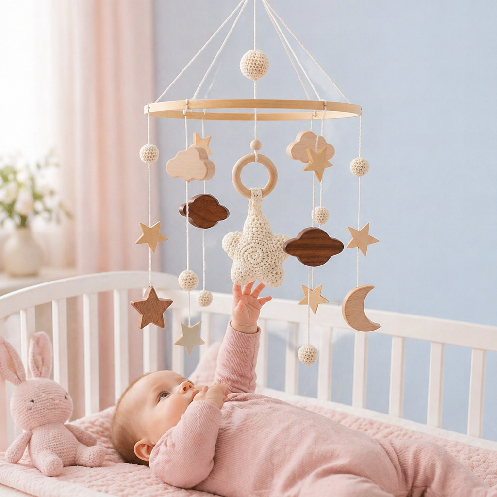 Baby-Mobile Holz & Häkel für Neugeborene. Beruhigendes Bettspielzeug & schöne Kinderzimmerdeko.