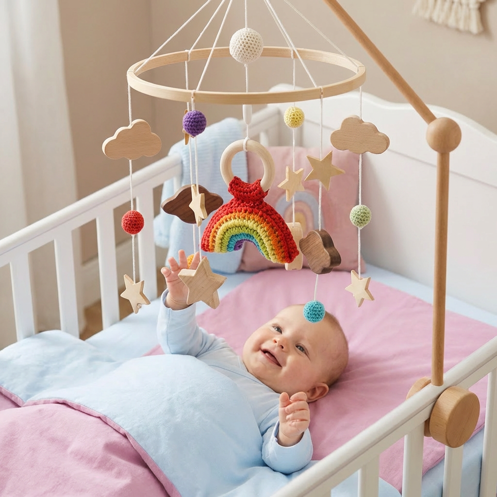 Pädagogisches Holzmobile mit Häkel-Tieren. Unterstützt die visuelle Entwicklung von Neugeborenen. Babyspielzeug.