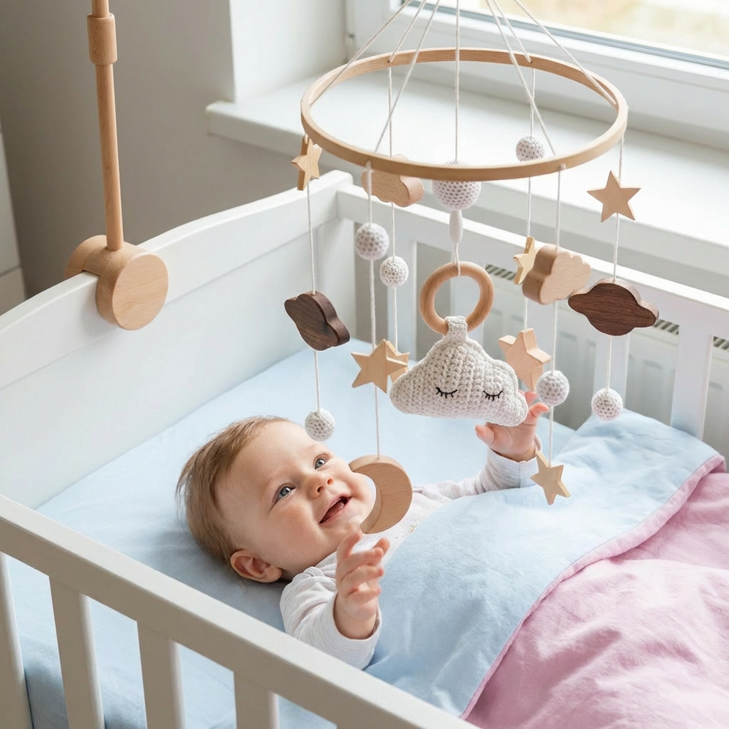 Liebevoll verpacktes Baby-Mobile aus Holz & Häkel. Fertig zum Aufhängen. Schönes Geschenk für Neugeborene.