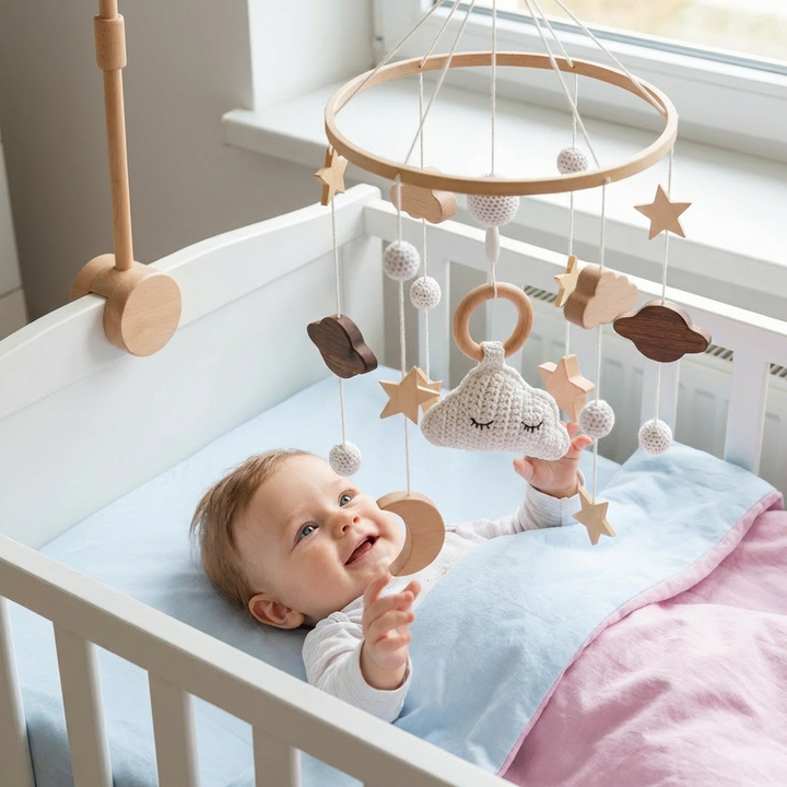 Liebevoll verpacktes Baby-Mobile aus Holz & Häkel. Fertig zum Aufhängen. Schönes Geschenk für Neugeborene.