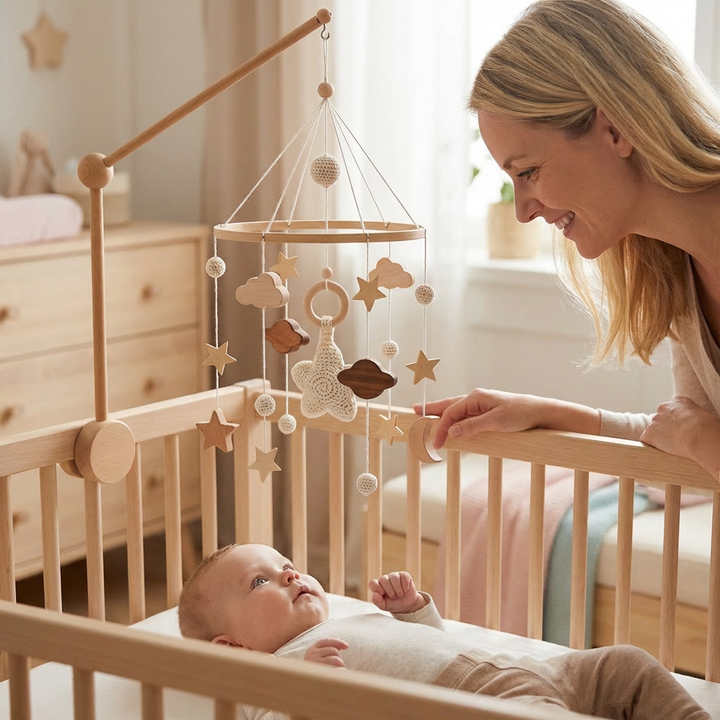 Einzigartiges handgefertigtes Baby-Mobile aus Holz & Häkel. Liebevolles Design für Neugeborene & Babys.
