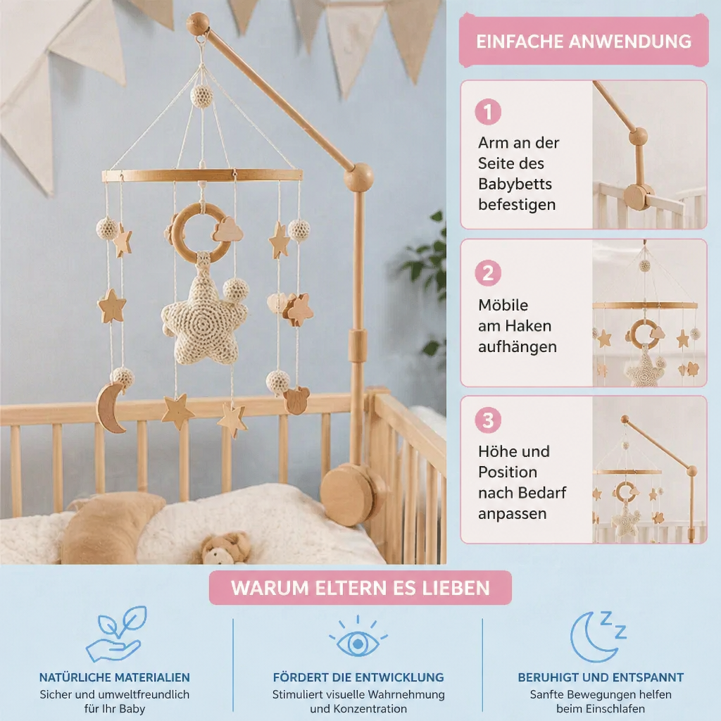 Handgefertigtes Holzmobile mit Häkel-Figuren. Nachhaltiges Babyspielzeug für visuelle Entwicklung.