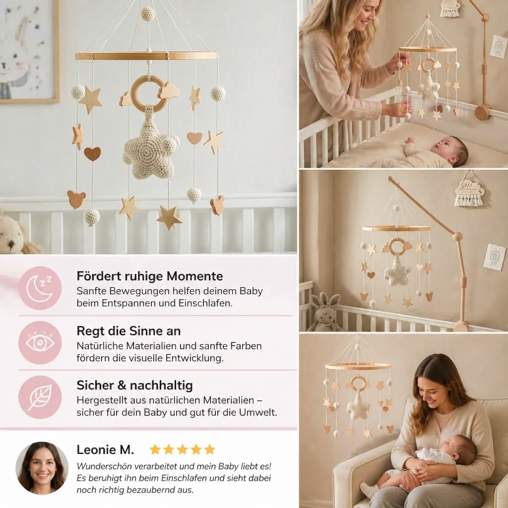 Beruhigendes Baby-Mobile aus Holz & Häkel als Einschlafhilfe für Neugeborene. Süße Kinderzimmerdeko.